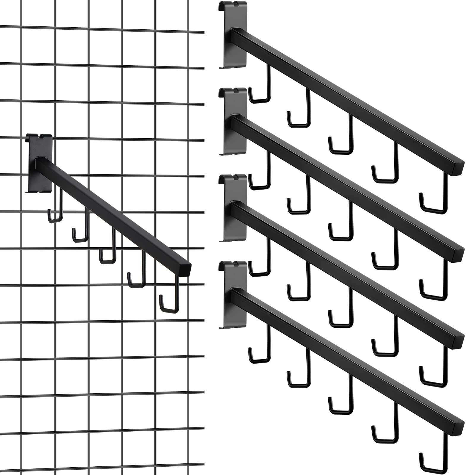 Photo 1 of Therwen 4 Pcs Gridwall Waterfall Hangers with 5 Hooks Metal Gridwall Accessories 16.5 Inch Square Tubing Straight Arm Garment Hook for Home Shop Retail Clothing Display(Black)