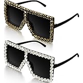 Weewooday 2 Pairs Oversized Square Crystal Sunglasses Flat Top Sunglasses Retro Thick Frame Bling Glasses for Women Men