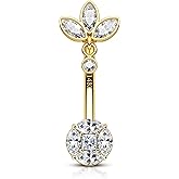 COCHARM 14K Gold Belly Button Rings 14G Dangle lotus Belly Navel Rings for Women 14K Gold Belly Navel Piercing Jewelry 10MM Barbell