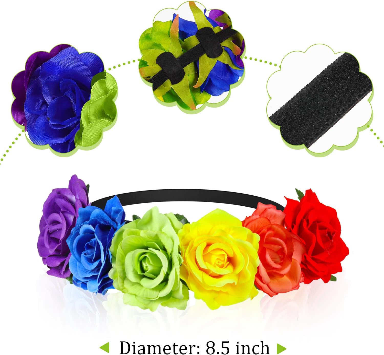 Women Gay Pride Floral Crown Headband Set Rainbow Rose Flower Headband Hair Wreath with Colorful Tassel Earrings and Necklace for Gay Pride Festivals Garland Party Holiday Accessories - Image 3
