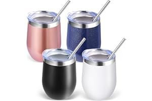 Volhoply 12oz Stainless Steel Wine Tumbler with Lid Bulk 4 Pack,Double Wall Vacuum Stemless Wine Glasses,Reusable Metal Trave