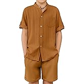 Arshiner Boy's 2 Piece Beach Outfit Short Sleeve Textured Button Down Shirt and Short Sets Summer Vacation Wear 5-12 Years