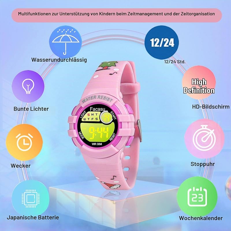 Kinderuhr Digital Mädchen Jungen,wasserdichte Kinderuhr,Bunt Light,Outdoor Sport Armbanduhr Kinder,Einfaches Ablesen Einstellen der Uhrzeit mit Stoppwatch Alarm für Kinder 4-8 — Foto 4 von 7