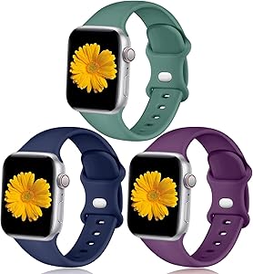 Easuny Sport Bands Compatible for Apple Watch 40mm 38mm Womens Men - Sport Silicone Wristband Strap Replacement Accessories for iWatch Series 6/5/4/3/2/1,3 Pack of Dark Blue/Purple/Pine Green, S/M