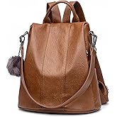 myfriday Vintage Leather Backpack for Women, Soft Rucksack Backpack with Anti-Theft Pocket Convertible Shoulder Handbag (Brown)