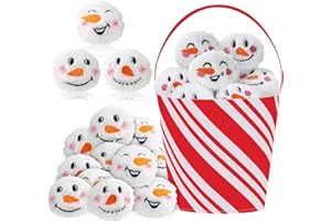 Sadnyy 24 Pack Christmas Snowball Fun Fight Set for Kids Indoor Outdoor Christmas Games for Family Party 2.8 Inch Snowman Face Fake Snowballs Fight in a Bucket for Winter Party(Red Stripes)