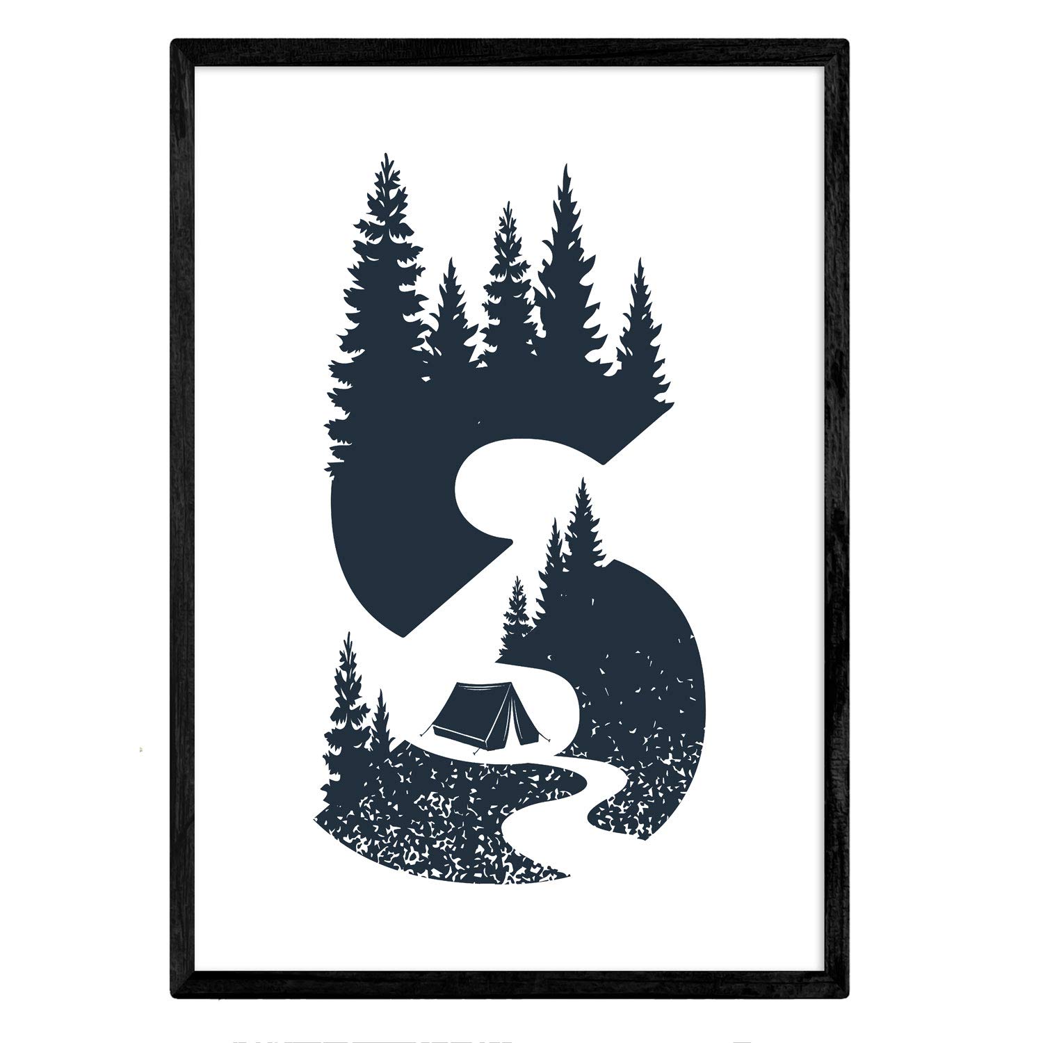 Nacnic Letter S with forest, trail and tent. Naturaleza.Posters of letters with design. A3 size unframed