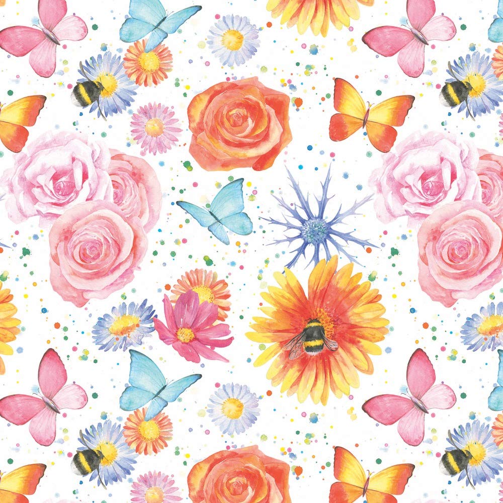 Floral Flower Bee and Butterfly Recyclable Gift Wrap, 2 sheets and 2 tags - birthday paper for her - Mother's Day