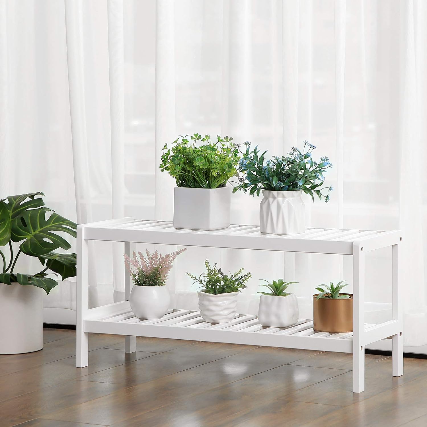 SONGMICS 2 Tier Bamboo Shoe Rack, Shoe Bench, Entryway, Living Room, Bathroom, 70 x 26 x 33 cm, White LBS02WT - Image 5