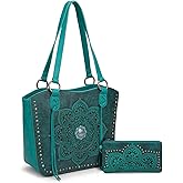 Montana West Western Tooling Tote Bag with Wallet Set for Women Vintage Studded Top Handle Shoulder Handbag