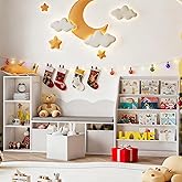 CHOEZON 66.9" Kids Bookshelf with Reading Nook, 3-in-1 Kids Bookcase with Cushion and Sling Shelf, Toy Chest Storage with Fabric Drawers, Reading Nook for Kids, for Playroom, Nursery, White MCW08WB