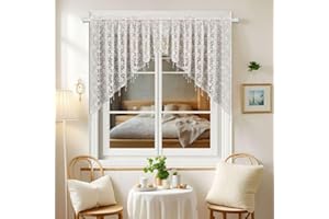 MALOKI White Lace Curtains 2 Panels Farmhouse Sheer Valances for Windows Semi-Sheer Swag Curtains Short Half Cafe Window Curt