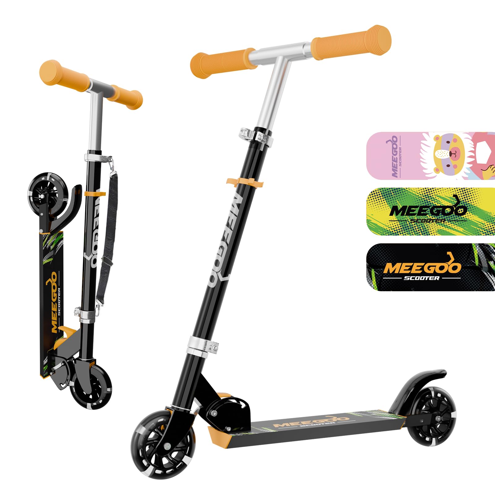 MEE GOO Scooter for Kids Ages 3+, 2 Wheels Light Up Gift Scooters for Girls Boys, Easy Folding Kids Scooter with 3 Levels Adjustable Handlebar and Rear Brake (Black) — image 1