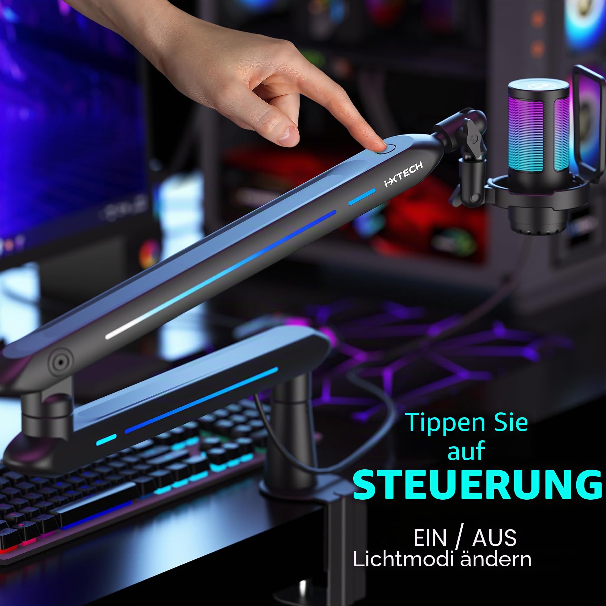 IXTECH RGB Low Profile Galgenarm für Mikrofon, verstellbarer Mikrofonarmständer mit Tischhalterungsklemme, drehbarer Mikrofonarm Mikrofonständer mit Kabelmanagement für Podcast-Streaming, 3