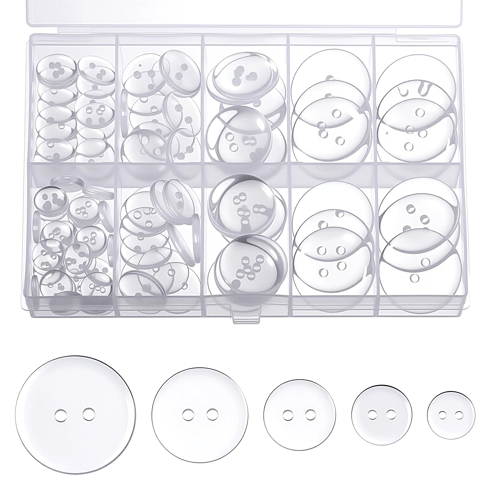 Photo 1 of 100 Pcs Clear Buttons, Buttons 2 Hole 5 Sizes of Round Mixed Button Round Plastic Button for Coats Dress Skirt DIY Crafts