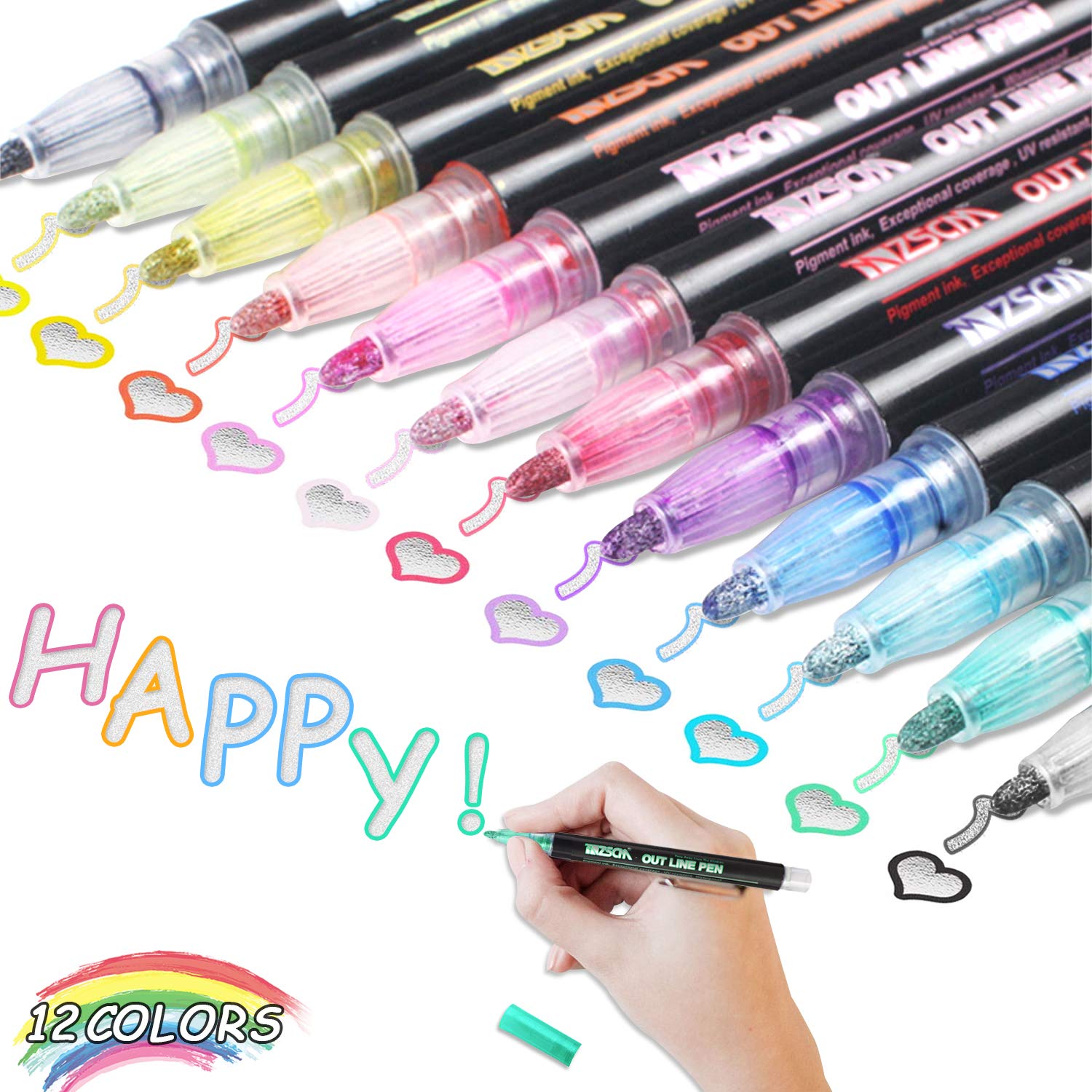 Sunshine smile Silver felt, glitter pen, outline pens, metallic marker pens, durable permanent marker, metallic marker pens (12 pieces)
