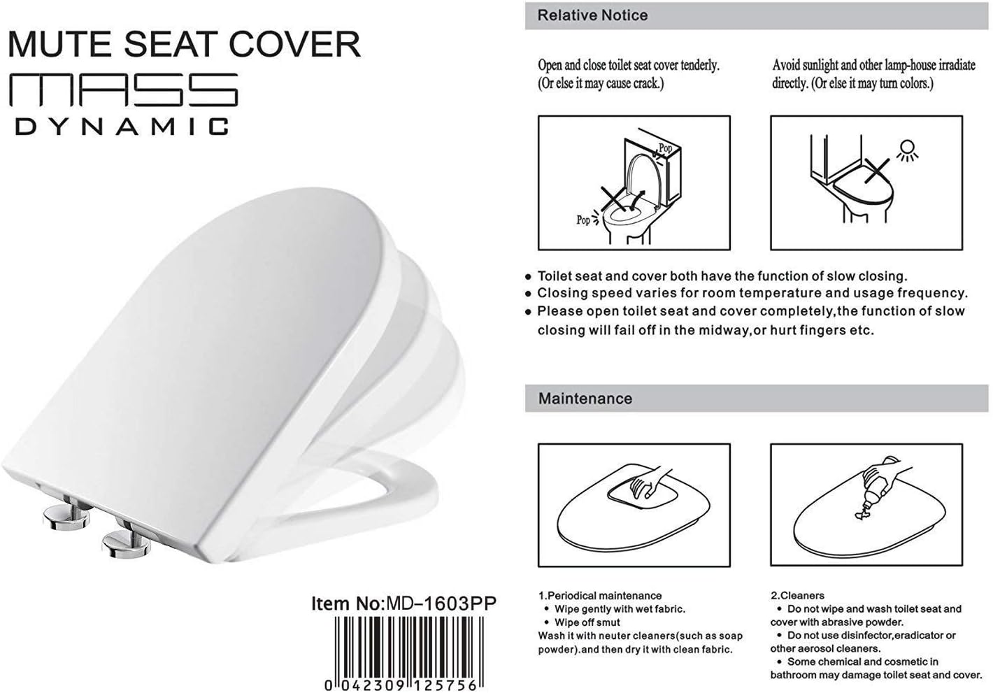 DShaped White Toilet Seat Cover with Soft Close & Quick Release Hinges, Polypropylene (PP) Loo