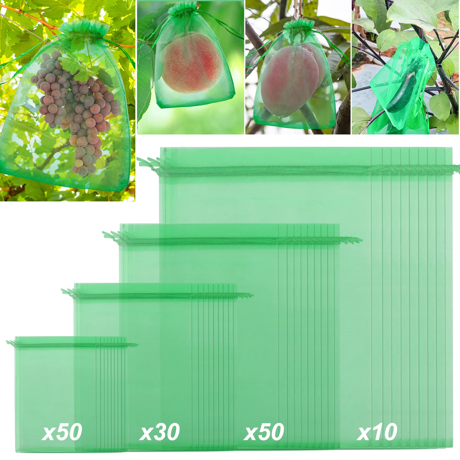 Photo 1 of 140 PCS Fruit Protection Bags, Fruit Netting Bags, Fruit Cover Mesh Bag with Drawstring, Garden Netting Bag for Father's Day, Mosquito Bug Insect Bird Net Barrier Bag for Vegetable Plant Flower(Green)