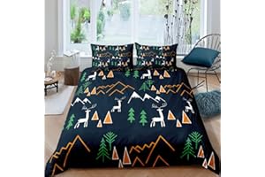 Erosebridal Children Cartoon Duvet Cover Deer Antlers Quilt Cover King Size for Kids Boys Girls Teens Mountain Tree Comforter Cover Camping Theme Dark Blue Bedding Set with 2 Pillow Cases