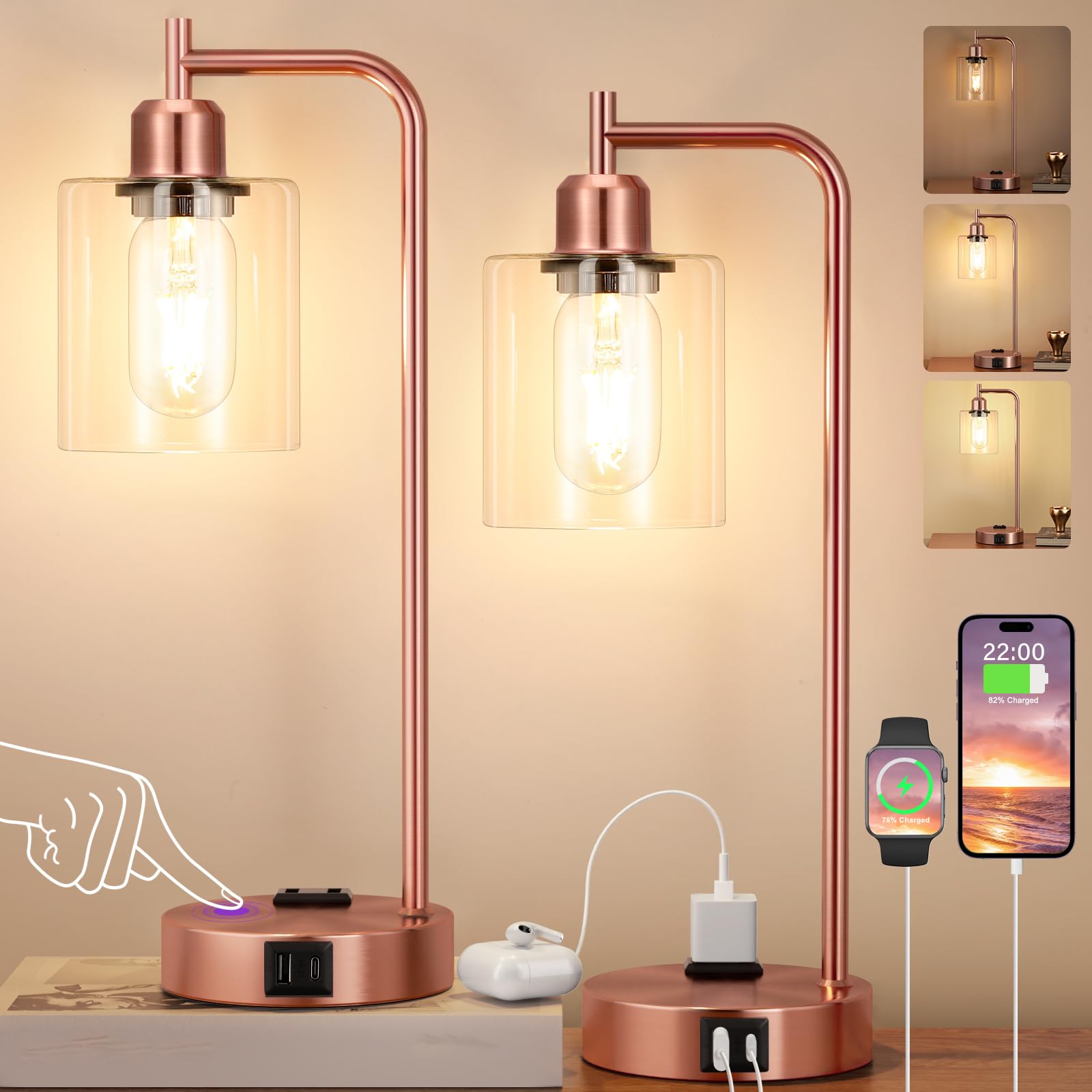 Innqoo Industrial Touch Table Lamps for Bedrooms Set of 2-3-Way Dimmable Lamps with USB C+A Ports and Outlet, Copper Bedside Lamps with Clear Glass Shade for Living Room, Desk Lamps for Home Office Image