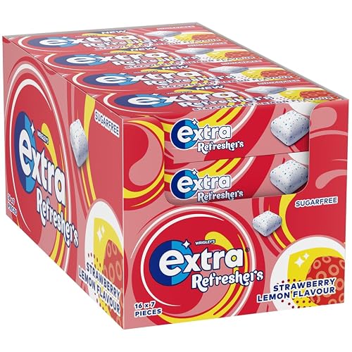 Wrigley's Extra Refreshers Chewing Gum, Strawberry Lemon Flavour, 16 Packs of 7 Pieces, Sugar Free Chewing Gum Bulk Pack with Xylitol, Handy Box (112 pieces)