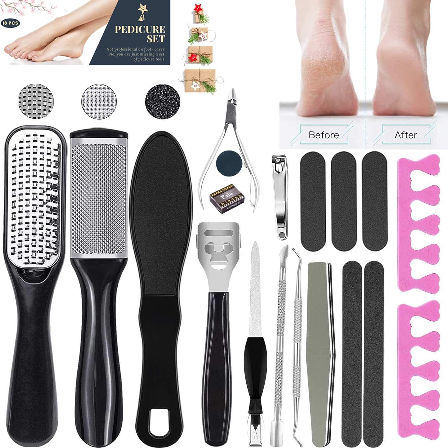 【LATEST 2020】Pedicure Foot File Callus Remover Kit- 18 Iin 1 Stainless Steel Foot Scraper and Foot Scrubber Dead Skin Foot Care Tool for Wet and Dry Feet, Foot Spa at Home : Beauty