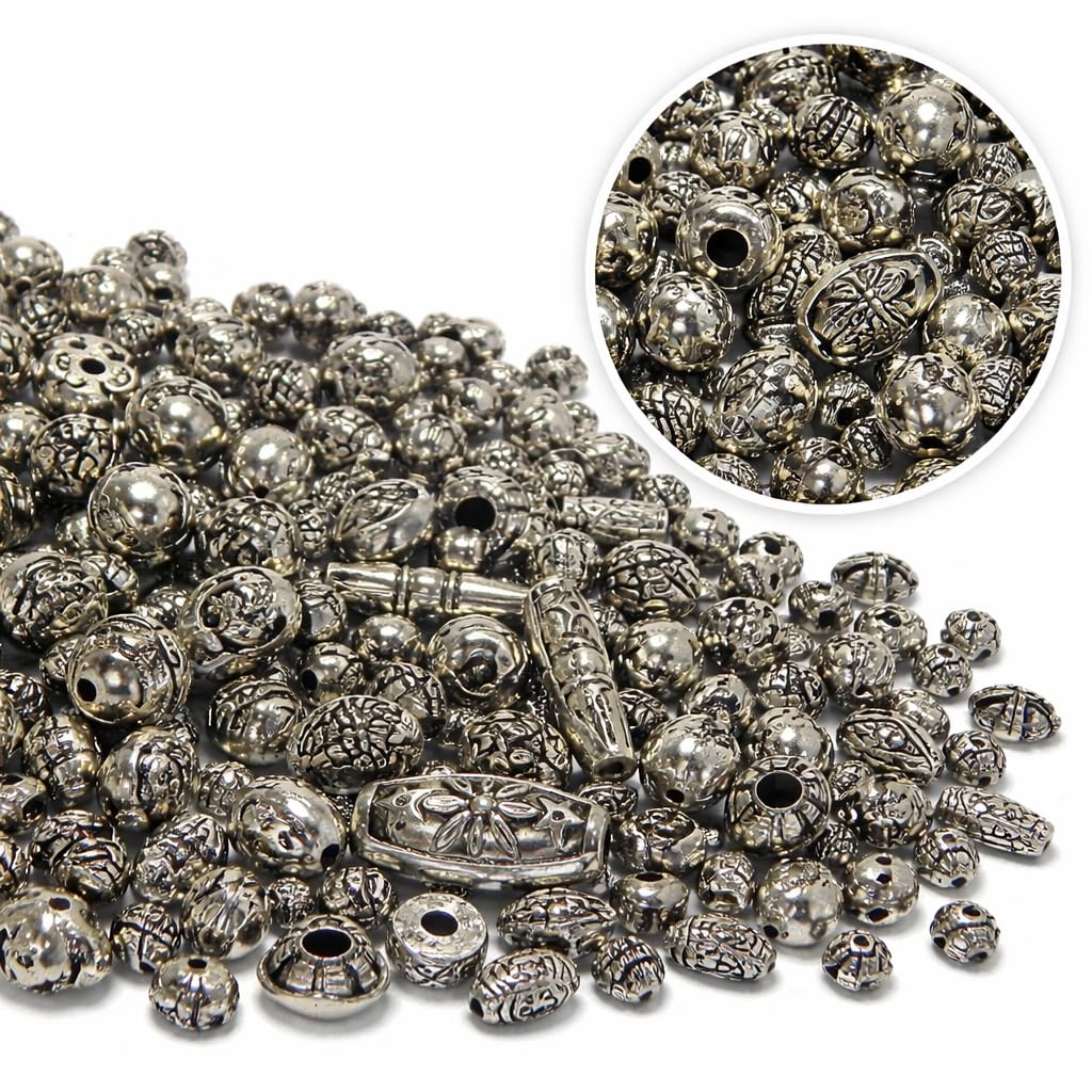 250 g Tibetan Antique Plastic Beads Mix Set Silver and Antique Silver Oval Cube Rondell Round Metal Look Bead for Threading, Necklaces Bead Set D118