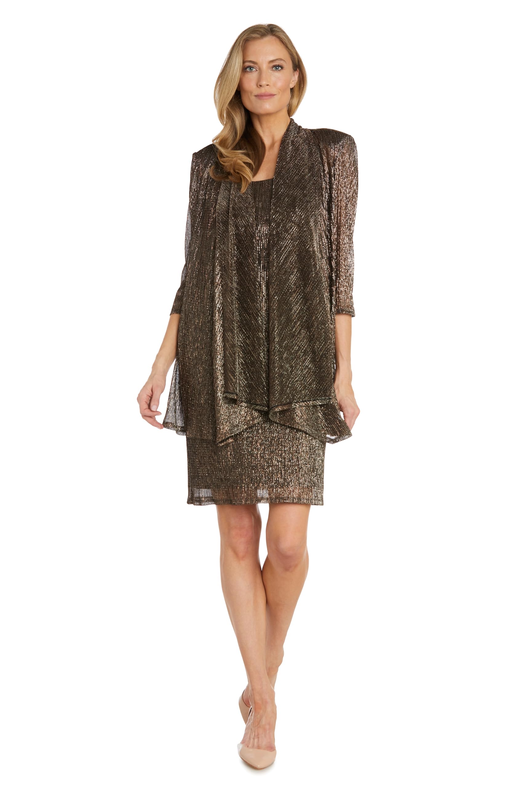 R&M Richards Women’s Plus Size Metallic Sleeveless Jacket Dress, Black/Gold