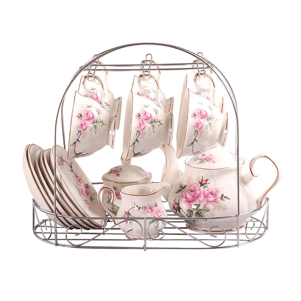 ufengke 15 Piece European Bone China Service Coffee Set Wiht Metal Holder,Pink Camellia Printing Vintage Floral Tea Set,For Wedding And Household