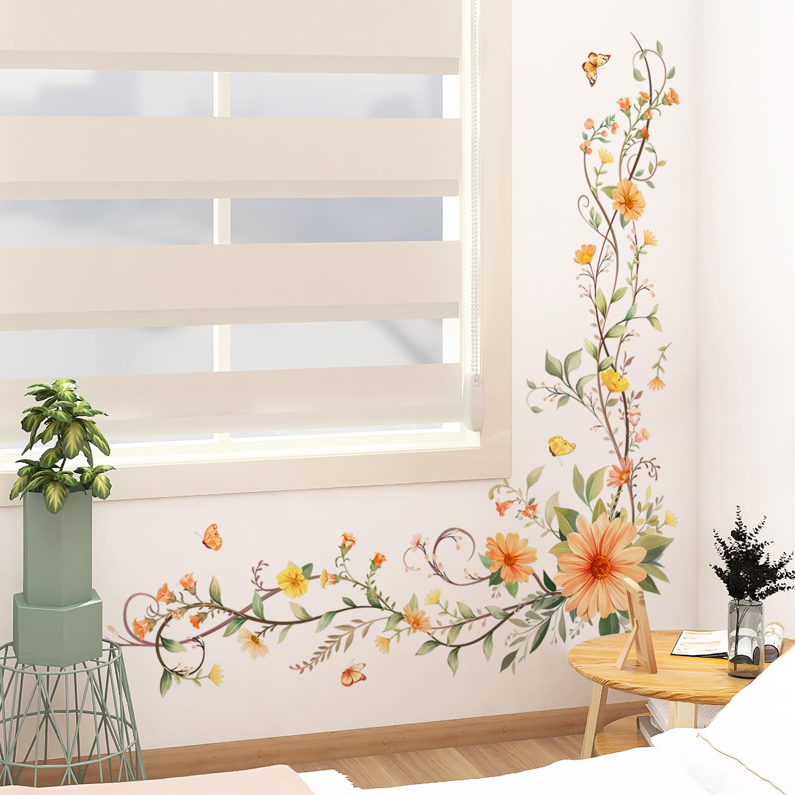 Tanlaby Daisy Flowers Vine Wall Stickers Yellow Wildflower Green Leaves Butterfly Wall Decals Peel and Stick Floral Wall Art Sticker for Girls Bedroom Living Room Door Furniture Decor