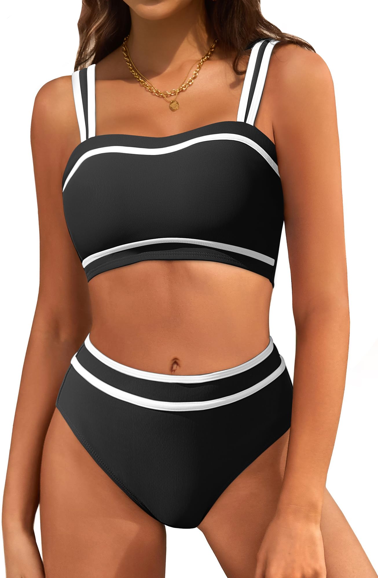 Photo 1 of ZAFUL Women's High Waisted Bikini Ribbed Two Piece Swimsuit Color Block Adjustable Straps Bathing Suit Black, M