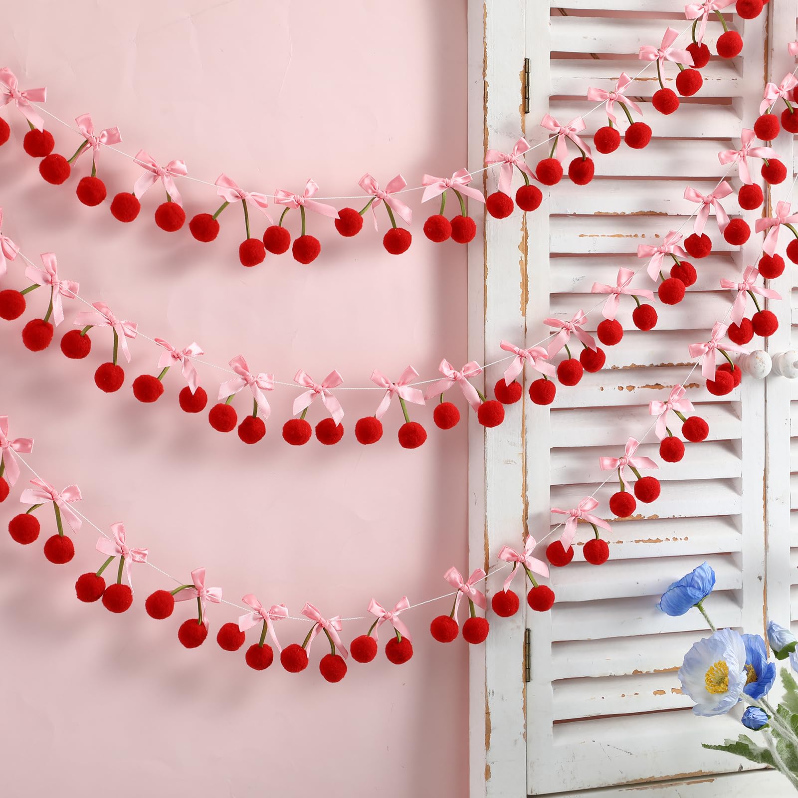 Photo 1 of 3 Pcs Cherry Bow Garland Decor 6.6 ft DIY Pom Pom Felt Cherries Fruit Hanging Banner Bunting Ornaments Summer Cherries Party Decoration for Baby Birthday Bachelorette Wedding Party Favors