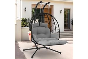 ZENPETIO Double Egg Chair with Stand & Leg Rest, 2 Person Rattan Wicker Swing Chair with UV Resistant Cushion and Pillow, for Indoor Outdoor Bedroom Patio Hanging Basket Chair 700lbs Capacity - Black