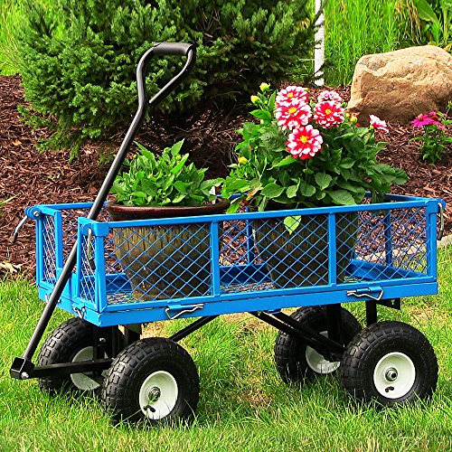Sunnydaze Utility Steel Garden Cart, Outdoor Lawn Wagon with Removable Sides, Heavy-Duty 400 Pound Capacity, Blue - Thumbnail 7
