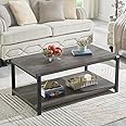 EXCEFUR Coffee Table with Storage Shelf, Rustic Wood and Metal Cocktail Table for Living Room, Grey