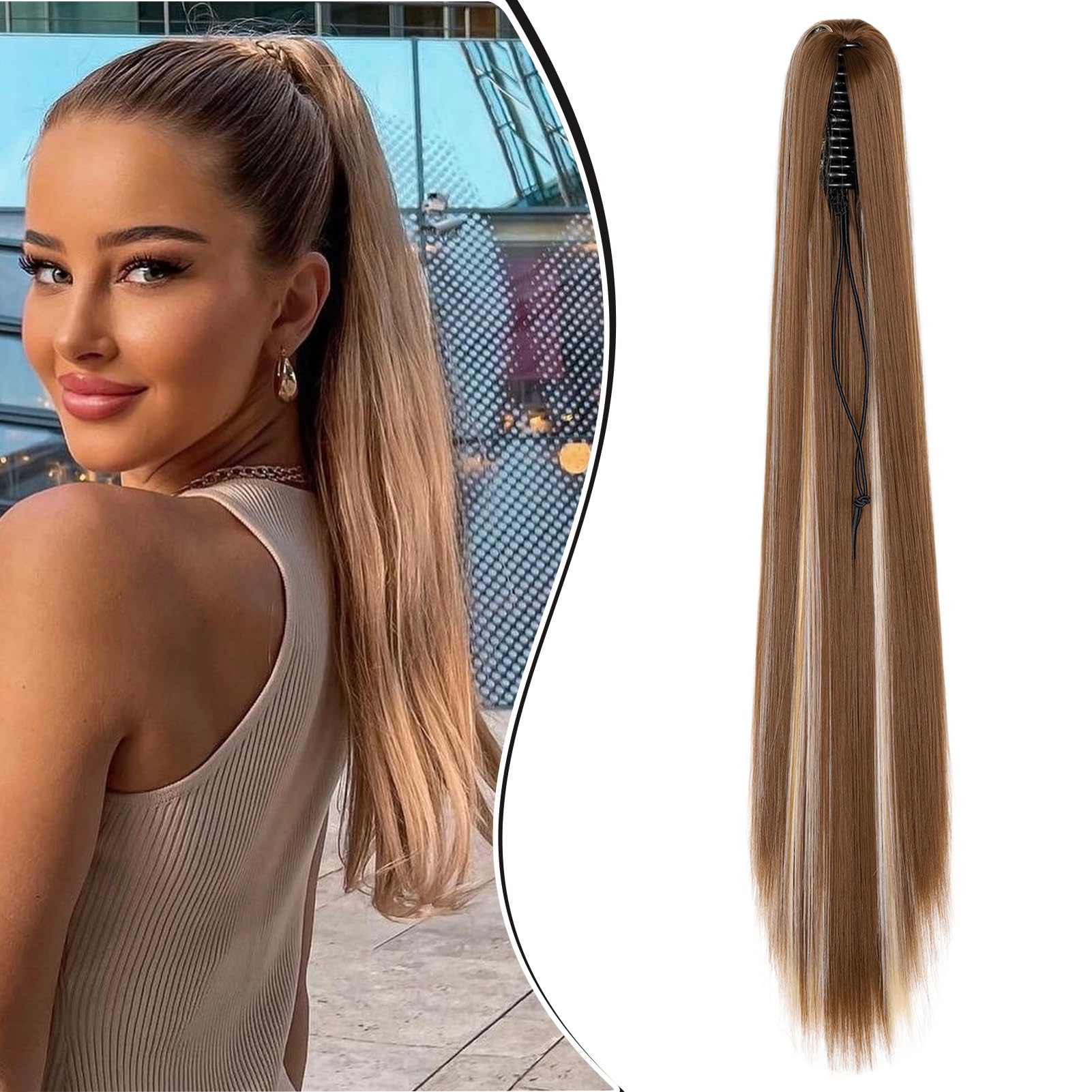 Dcbaboo 22inch Claw Clip in Ponytail Hair Extensions Long Straight Ponytail Extension Synthetic Pony tails Natural Wave One Piece Hairpiece Fake Ponytail for Women, Golden Brown&Bleach Blonde