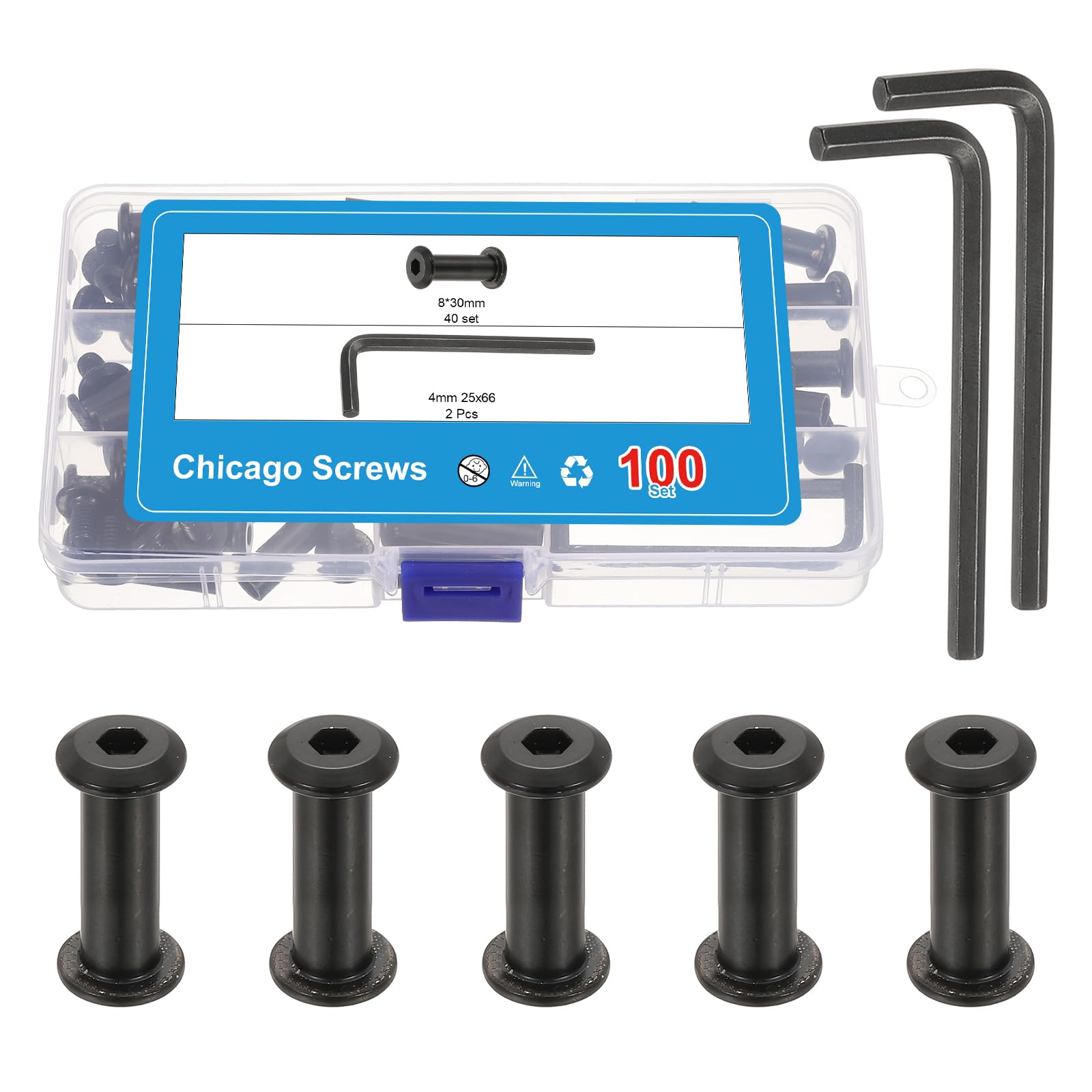 PATIKIL 40 Set Hex Chicago Screws Assorted Kit with Hex Wrench, M8x30mm Carbon Steel Rivets Binding Post Fasteners Screw for DIY Leather Craft Bookbinding, Black