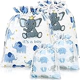 Sadnyy 4 Pcs Large Baby Shower Drawstring Gift Bags for Boy Reusable Fabric Wrap Bags 20 Inch Large 12 Inch Medium Elephants Treat Sacks for Baby Shower Child's Birthday Gender Reveal Party