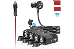 Qidoe Cigarette Lighter Splitter,300W 4-Socket Car Charger Adapter with Dual PD30W Type C & QC18W USB，12V/24V Car Splitter Adapter with Independent Switches & LED Voltage Display for All Car Devices