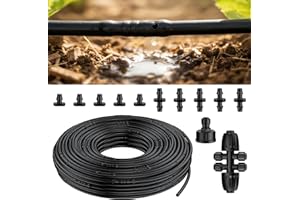 Pawfly 100 ft 1/4 Drip Irrigation Tubing, 1/4" Emitter with 6" Spacing, Polyethylene Drip Line with 12 Parts, Black Distribut