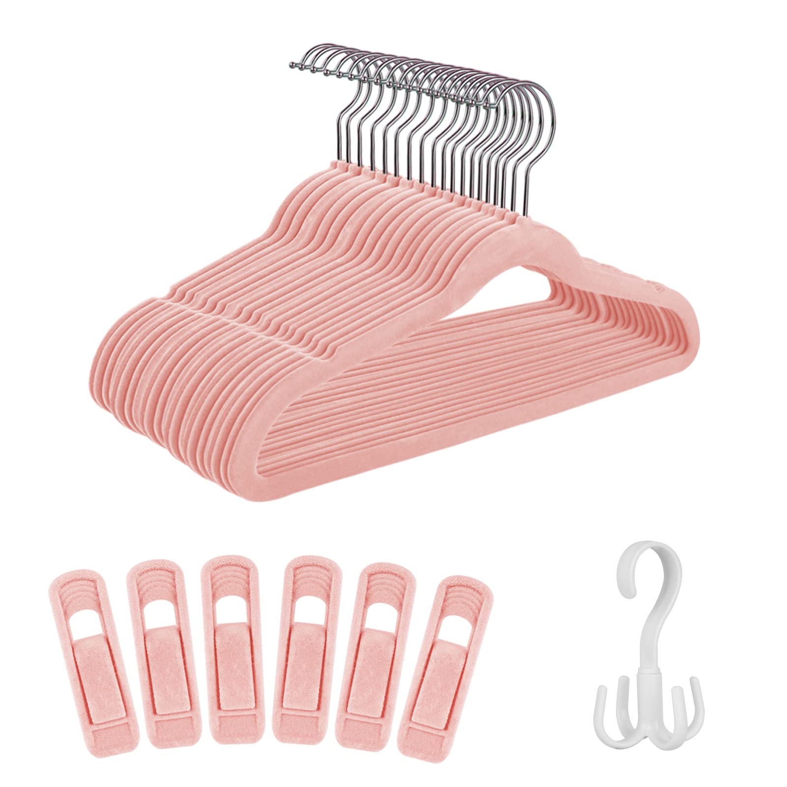 Tinfol Pink Kids Velvet Hangers - 30 Pack Non-Slip with 6 Velvet Clips, Space-Saving Ultra-Thin for Children's & Newborn Clothes