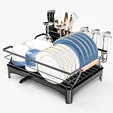 Dish Drying Rack,Space Saving Dish Drainer for Kitchen Counter &amp; Sink,Black | Rustproof,Riser Feet,Wooden Handle,Cup Holder &amp; Knife Slots,Expandable Spout,Auto-Drainage System,Sink Storage Organizer