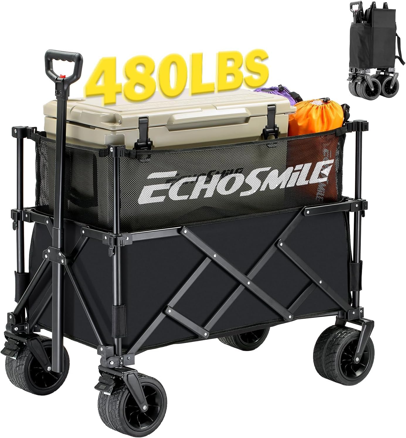 Photo 1 of **DIRTY**USED** EchoSmile Collapsible Folding Wagon Cart with Mesh Fabric - 480lbs Capacity 2-in-1 Heavy Duty Utility Wagon for Camping, Beach, Grocery &Shopping