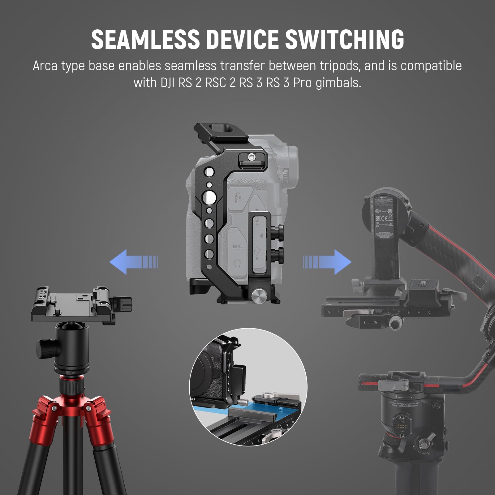 NEEWER EOS R8 Camera Cage, HDMI Cable Clamp, NATO Guide, Quick Release Ark Type Base, Anti-Torsion Screws, Aluminium Protective Video Rig Compatible with Canon R8 DJI RS 2 RSC 2 RS 3 Pro, CA039
