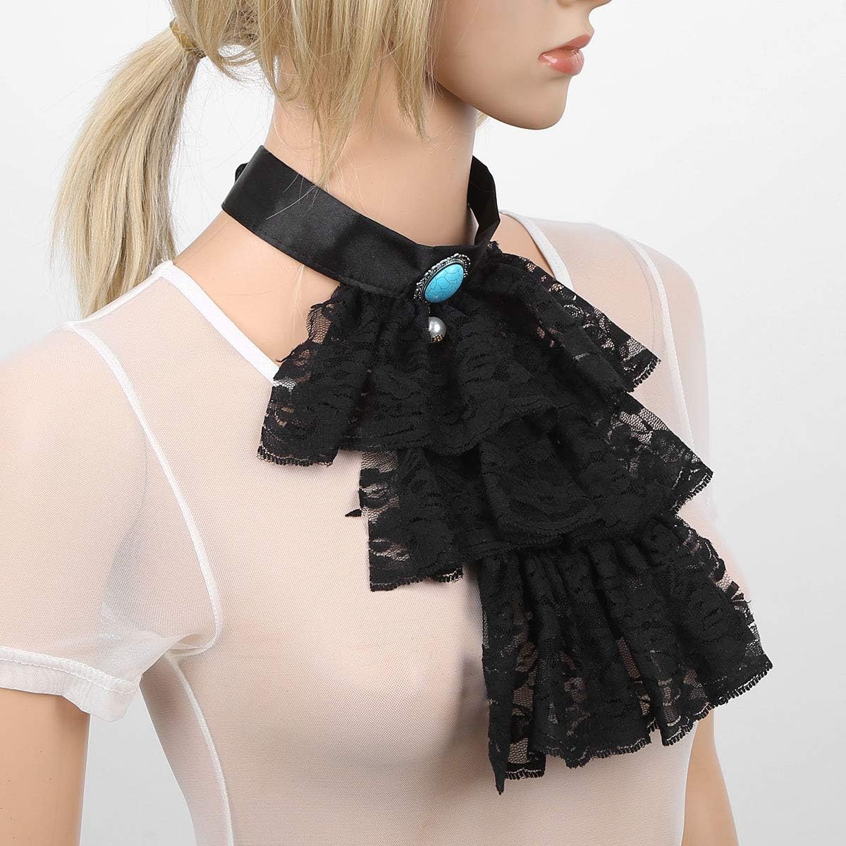 CHICTRY Lace Jabot Victorian Renaissance Ruffled Neck Collar Colonial Pirate Costume Accessory Cosplay Fancy Dress Black One Size - Image 4