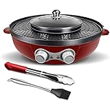 2 in 1 Electric Grill Pan and Hot Pot with Divider, w Free Clips & Brushes Combo, 2200W Dual Temperature Control Korean Shabu