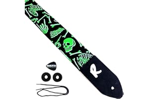 REVOLUTION STRAPS Glow in the Dark Skull Guitar Strap, Genuine Leather Ends, Includes 2 Strap Locks & 1 Pick. Adjustable Strap, Pick Pocket, For Bass, Electric & Acoustic Guitars Gift Men, Women & Kids