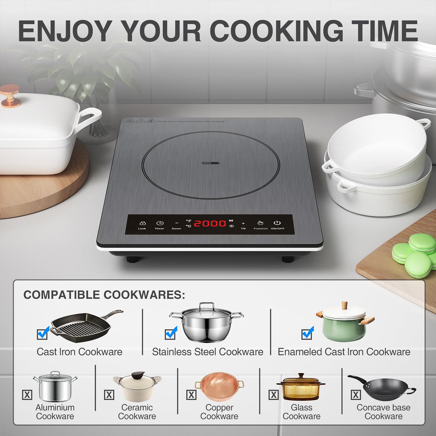 Portable Induction Cooktop 110v,1800W Countertop Single Burner Induction Hot Plate,ANHANE Electric Stove for Cooking,3-Hour Setting,Grey Crystal Glass Surface,Compatible with Magnetic Cookware