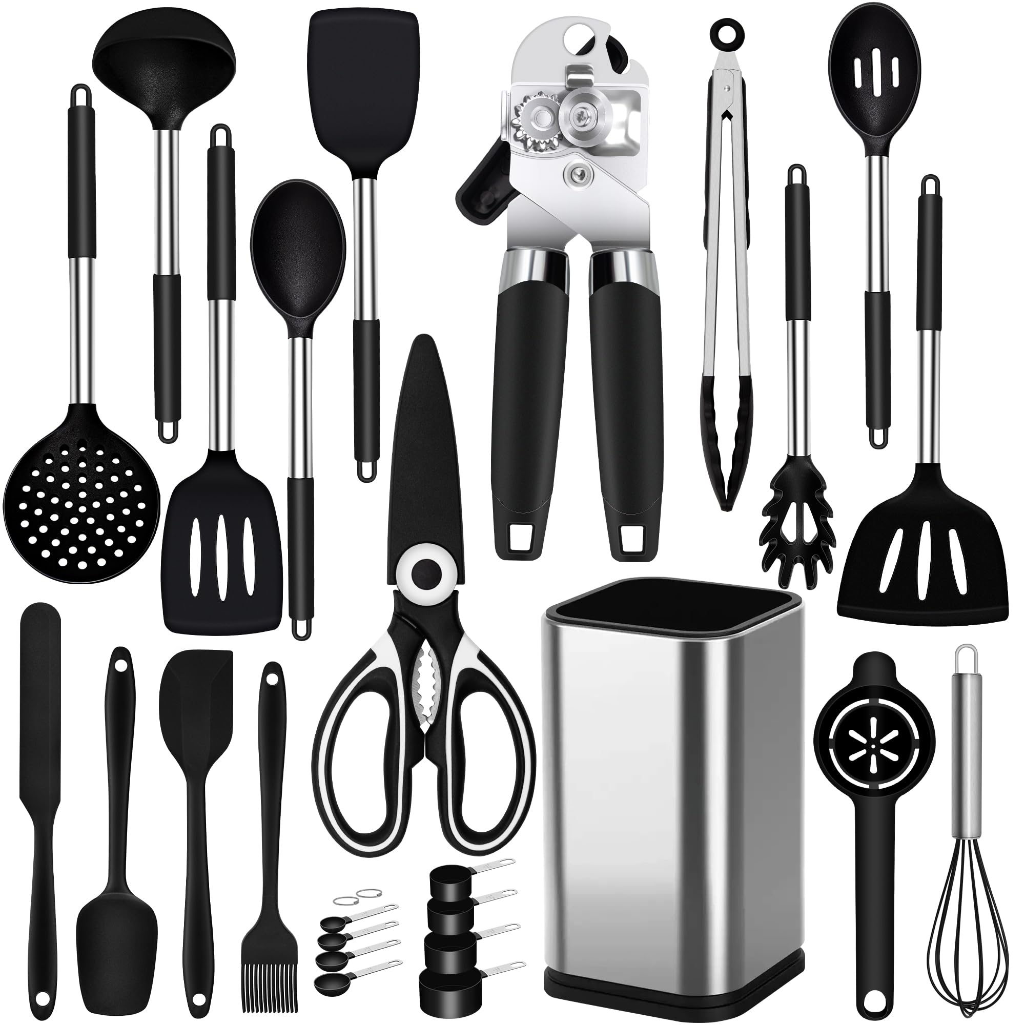 Kitchen Utensils Set, 26 Pack Silicone Cooking Utensils Set with Holder, Silicone Kitchen Utensils, Heat Resistant, Non Stick Spatula Spoon Slotted Spatula Cooking Tools Turner Tongs, Black