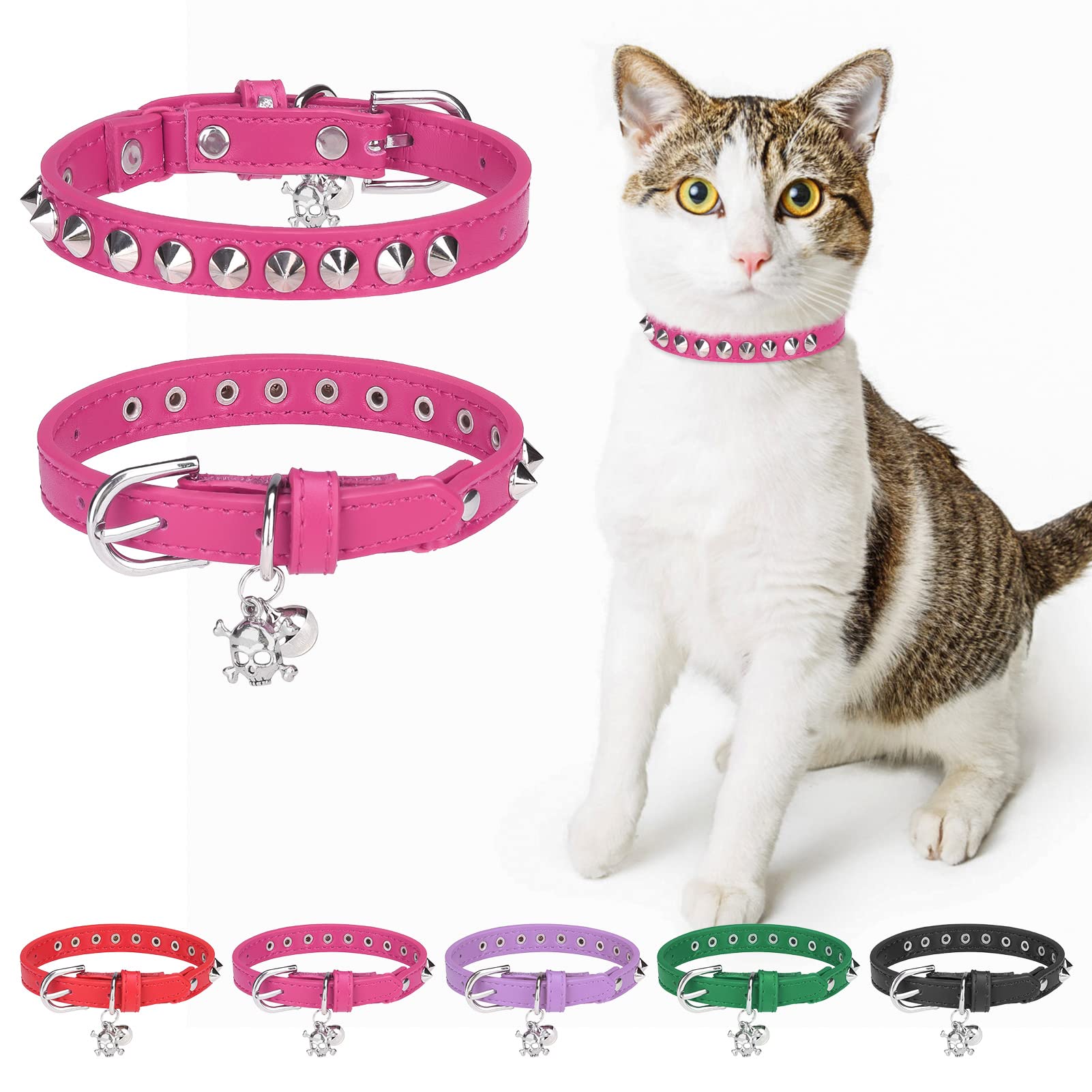 DILLYBUD Leather Cat Collars for Boy Girl Cats with Bell and Safety Elastic Belt, Personalized Rivets Stud Adjustable Safe Buckle Collar with Skull Charm for Kitty Small Pets, Halloween Cat Collar